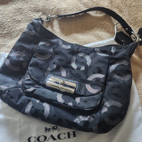 Coach Black and Gray, Hobo Shoulder Bag with Signature Pattern - Picture 1 of 5